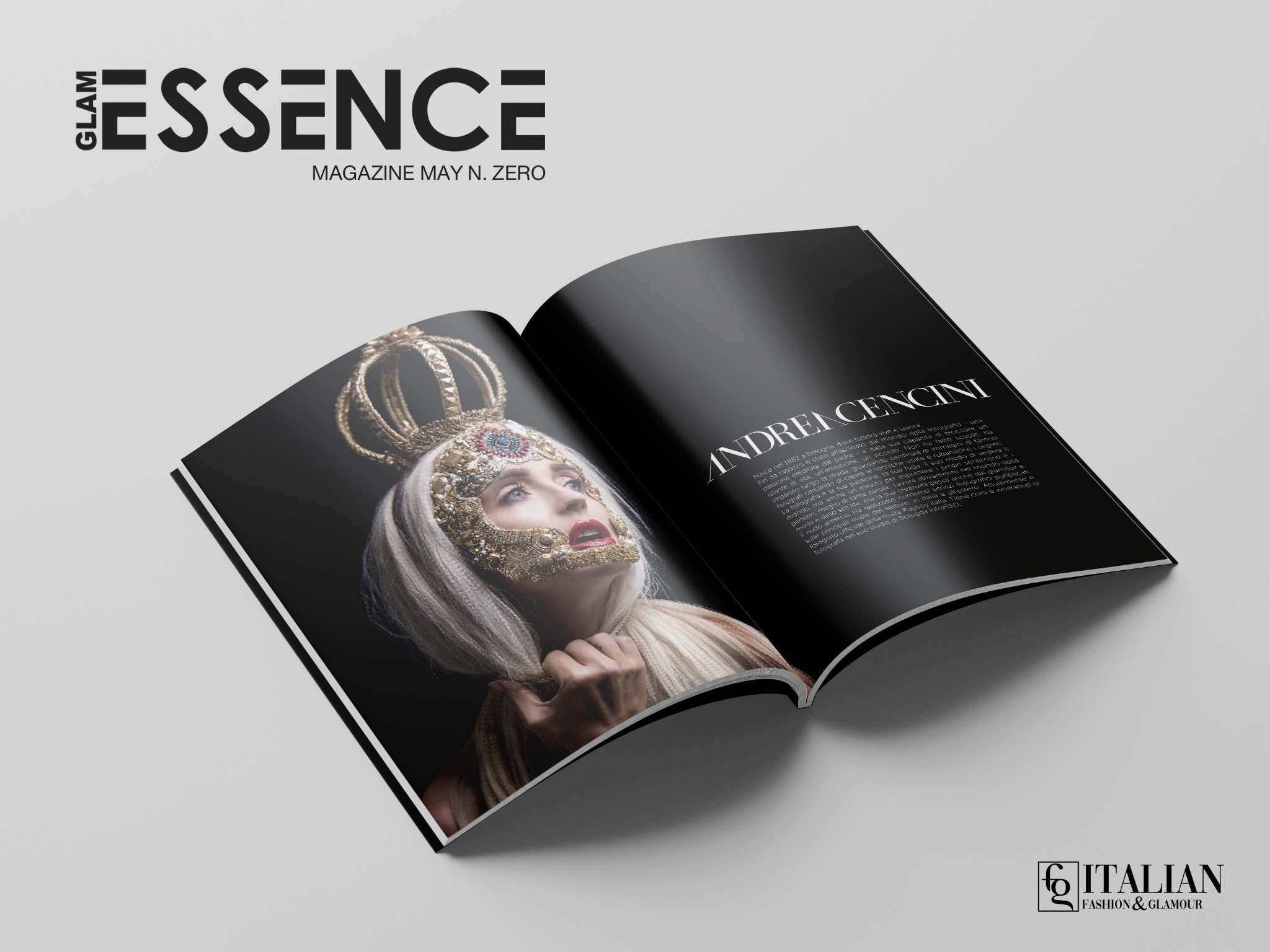 Mockup editoriale GLAM Essence Magazine con ritratto di Andrea Cencini